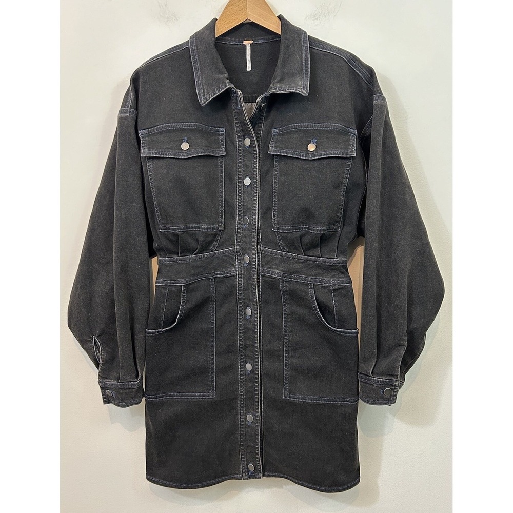 Free People XS Bo Midnight Black Wash Denim Dress Button Front Mini Long Sleeve